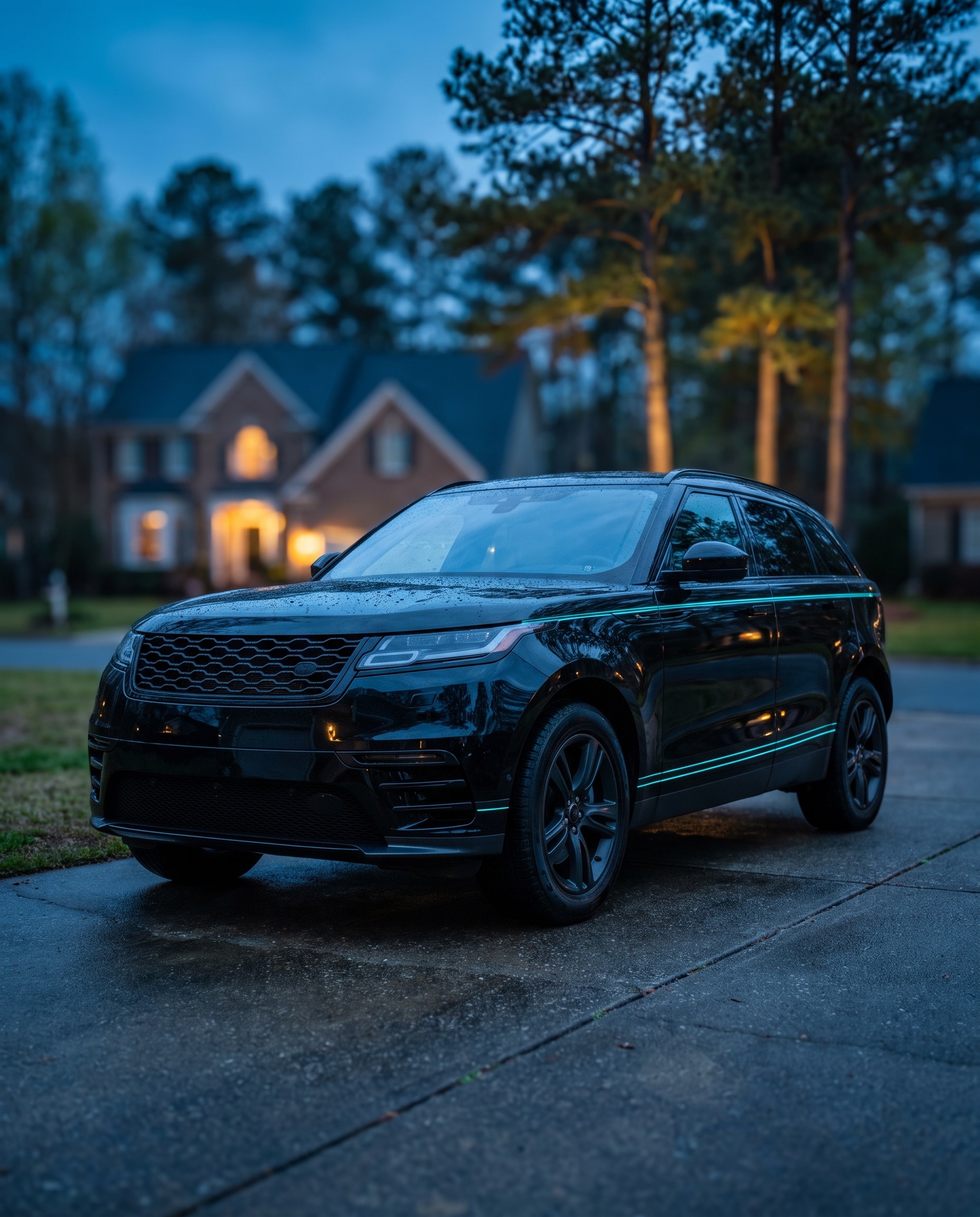 Black coupe with a ceramic coated mirror finish reflecting a Fayetteville sunset
