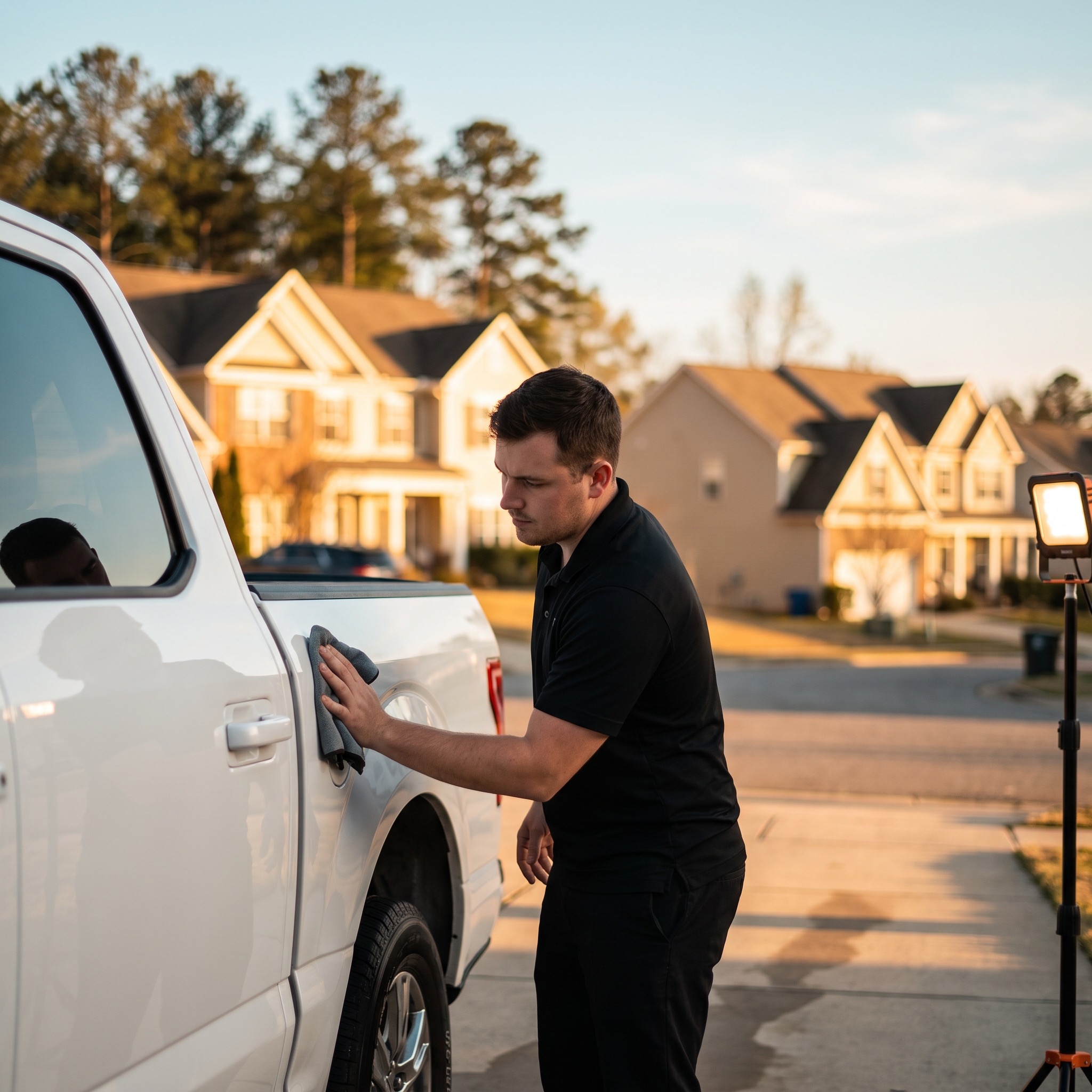 Detailer finishing the rear quarter of a white truck in a Fayetteville driveway