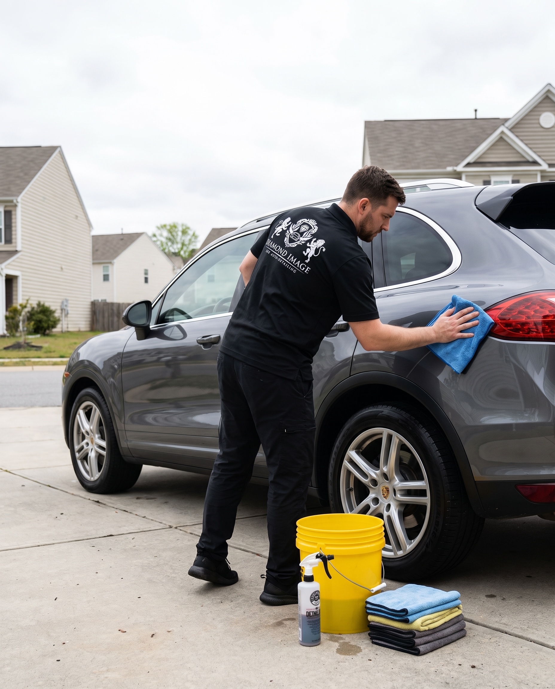 Detailer working on a premium dark SUV in a Fayetteville NC driveway at dusk with the mobile detailing rig alongside