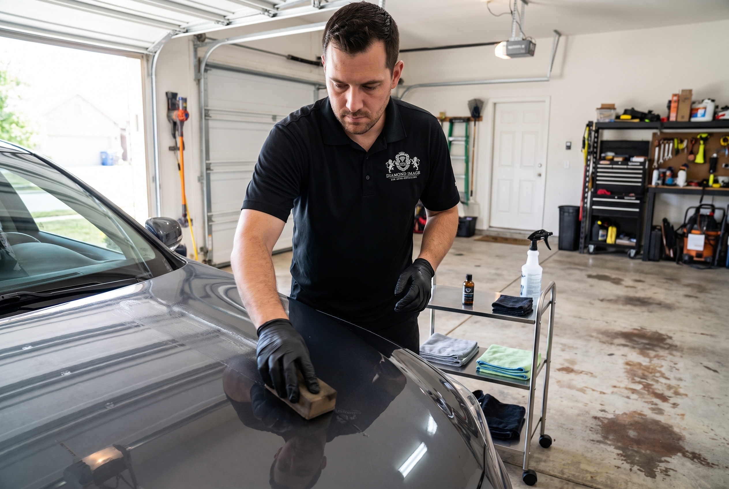 Detailer applying NanoPros ceramic coating to the hood of a dark grey sedan
