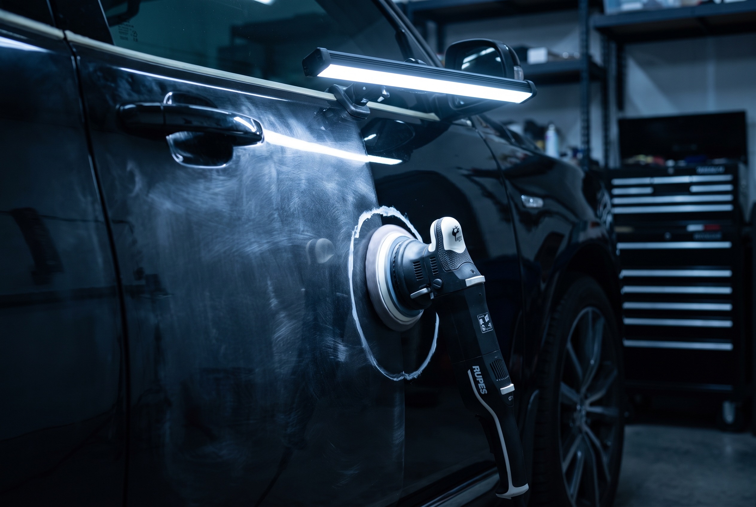 Dual-action polisher removing swirl marks from a black car door under inspection light
